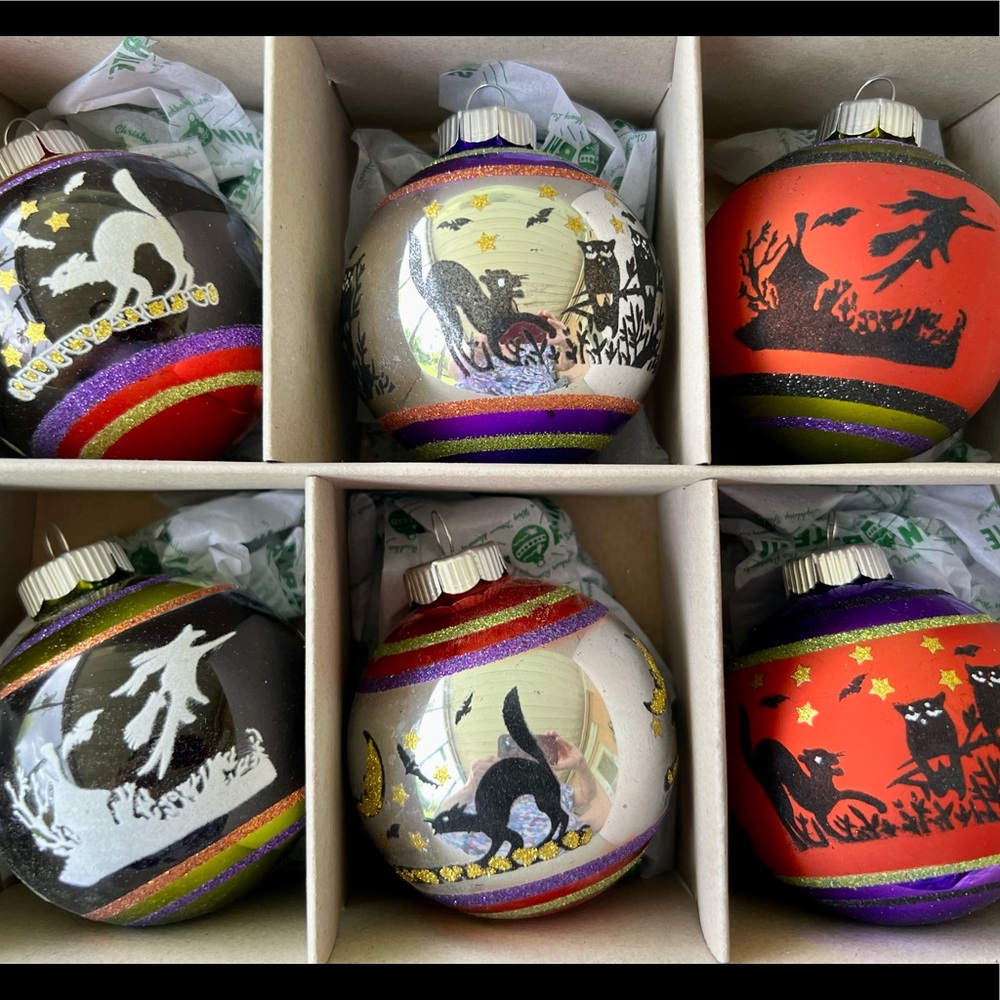 6 Halloween Radko Large Flocked Glass Ball Ornaments Owls Cat Witch Bats - Picture 2 of 10